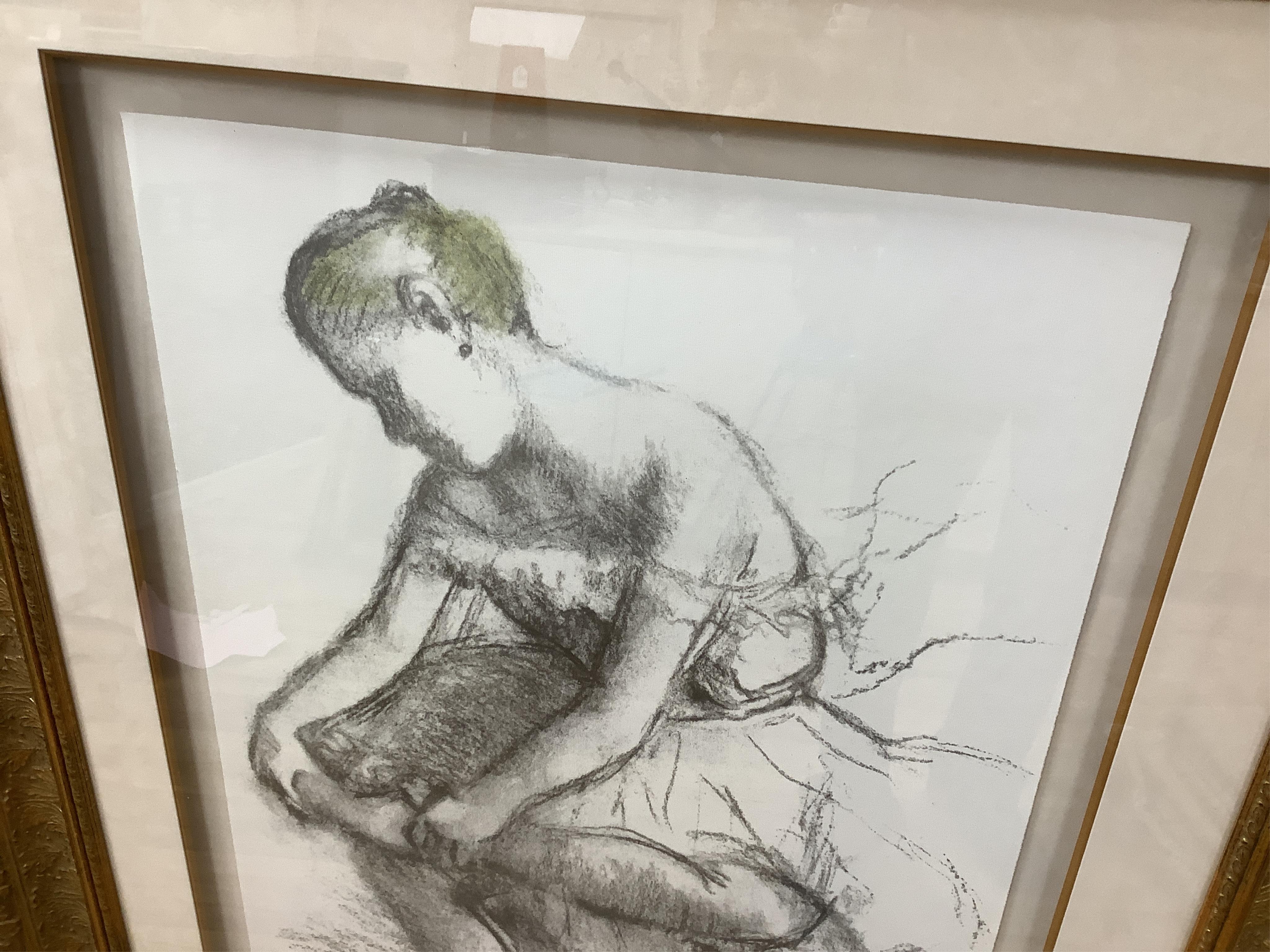 After Edgar Degas (1834-1917), colour lithograph, ’Danseuse assise ajustant son chausson’, 86 x 56cm, ornate gilt frame. Condition - good